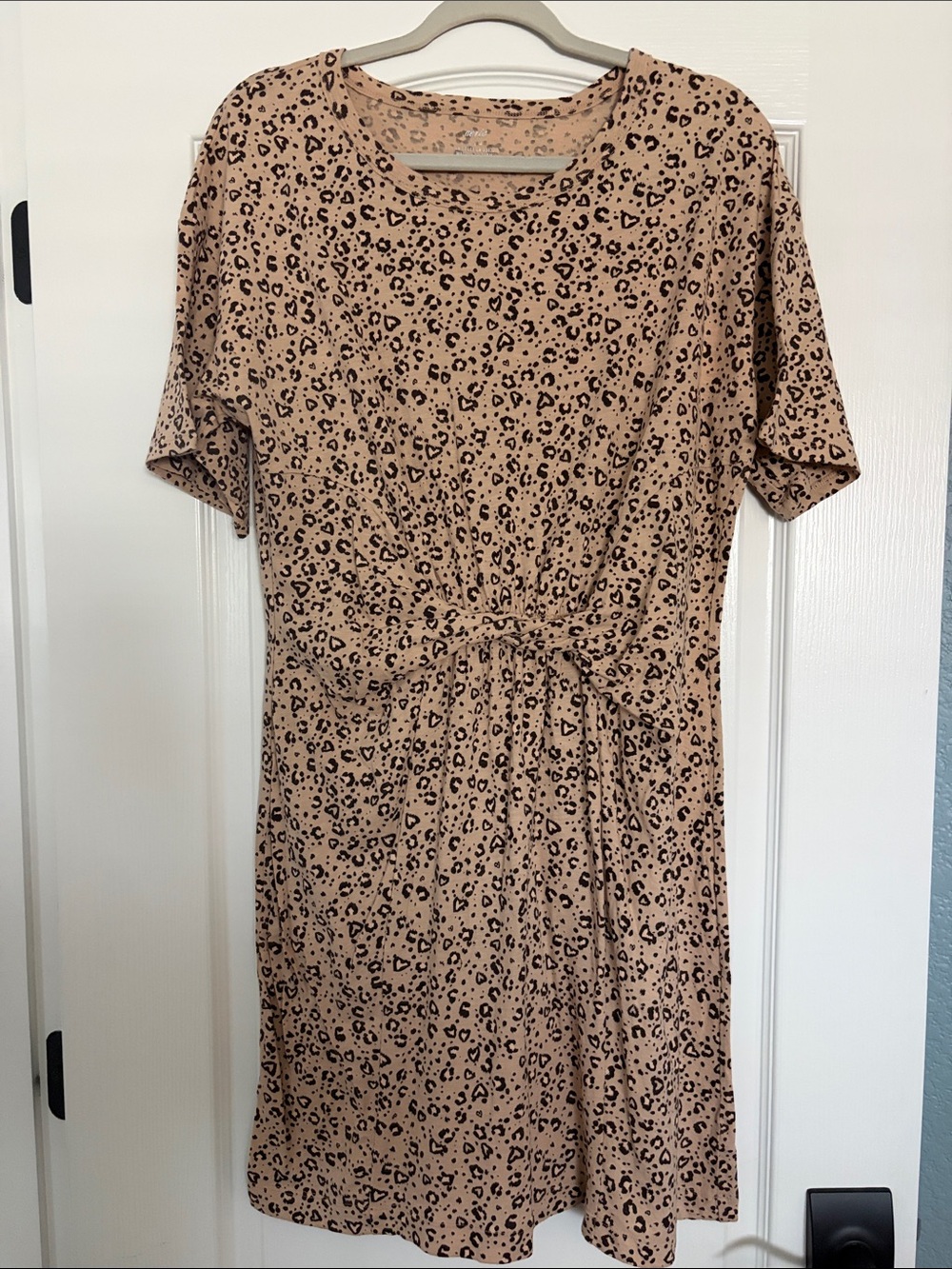 Women’s Tie-Waist Short Sleeve Dress in Beige Leopard Print